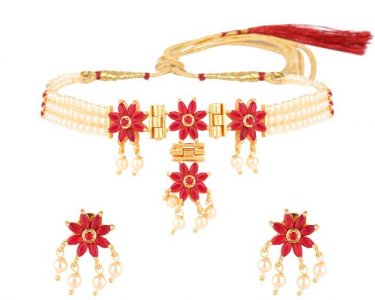 Indian Traditional CZ Faux Pearl Beaded Choker Necklace Earrings Set